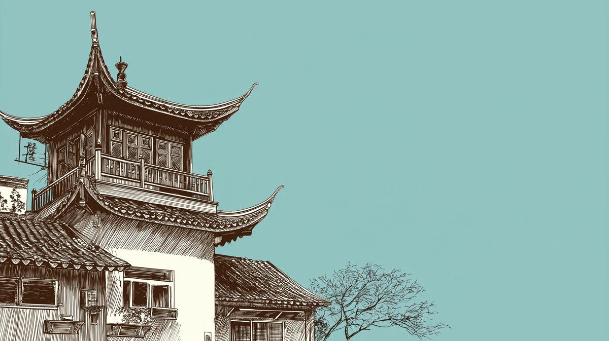 Chinese Architectural Pagoda Mural Wallpaper — Teal and Sepia Sketch Mural Wallpaper - room preview 04
