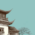 Chinese Architectural Pagoda Mural Wallpaper — Teal and Sepia Sketch Mural Wallpaper - room preview 04
