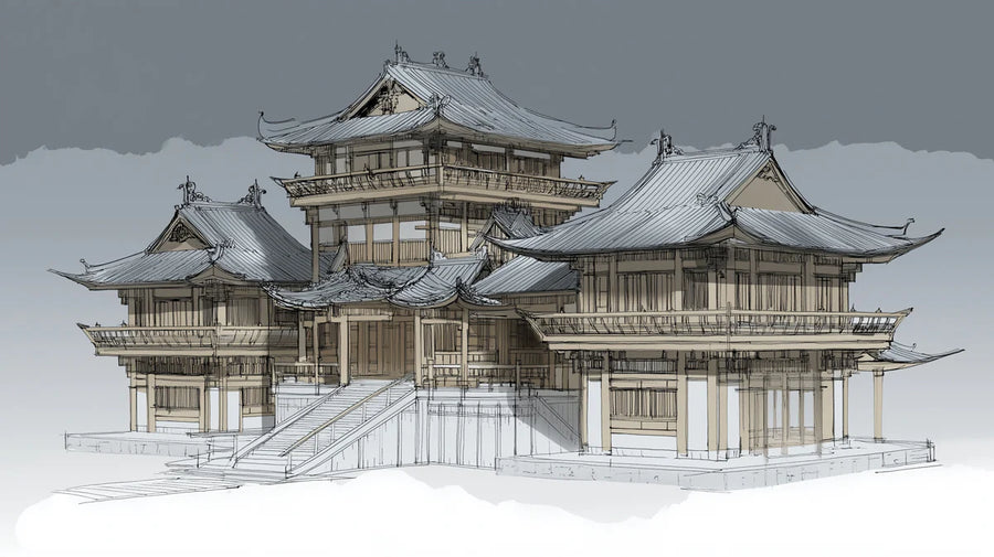 Chinoiserie Wallpaper Mural – Chinese Style Wall Mural – East Asian Pagoda Architectural Sketch printable artwork