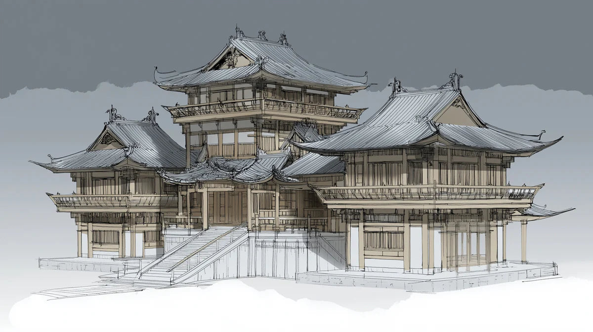 East Asian Pagoda Architectural Sketch Mural Wallpaper - room preview 04