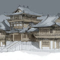 East Asian Pagoda Architectural Sketch Mural Wallpaper - room preview 04