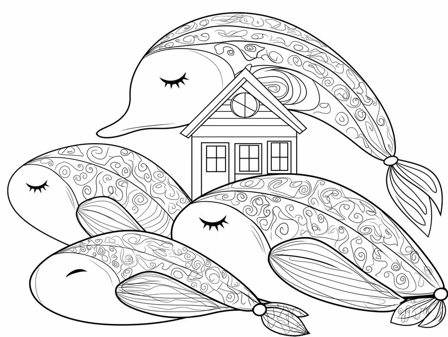Whale Wallpaper Mural – Ocean Wall Mural – Whimsical Whale and Cottage — Hand-Drawn Line Art printable artwork