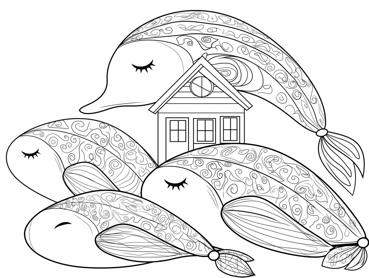 Whimsical Whale and Cottage Mural Wallpaper — Hand-Drawn Line Art Mural Wallpaper - room preview 04