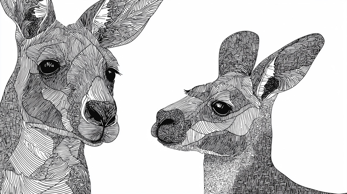Kangaroo Line Art Mural Wallpaper — Monochromatic Graphic Motif Mural Wallpaper - room preview 04