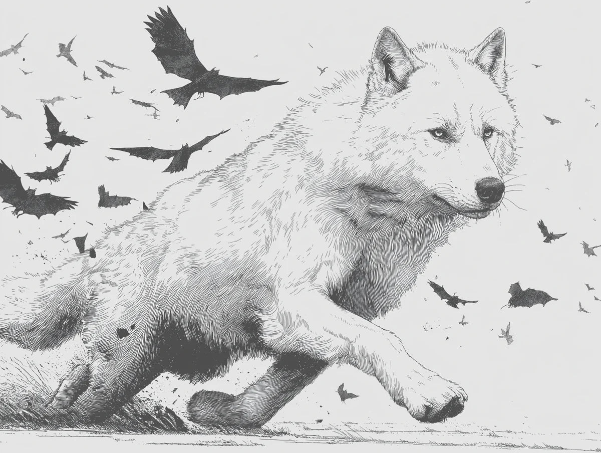 Running Wolf and Raven Swarm Ink Sketch Mural Wallpaper - room preview 04