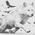 Running Wolf and Raven Swarm Ink Sketch Mural Wallpaper - room preview 04