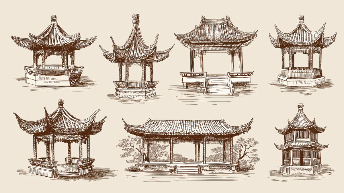 East Asian Pavilion Sketch Mural Wallpaper — Architectural Ink Drawing Mural Wallpaper - room preview 04