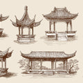 East Asian Pavilion Sketch Mural Wallpaper — Architectural Ink Drawing Mural Wallpaper - room preview 04