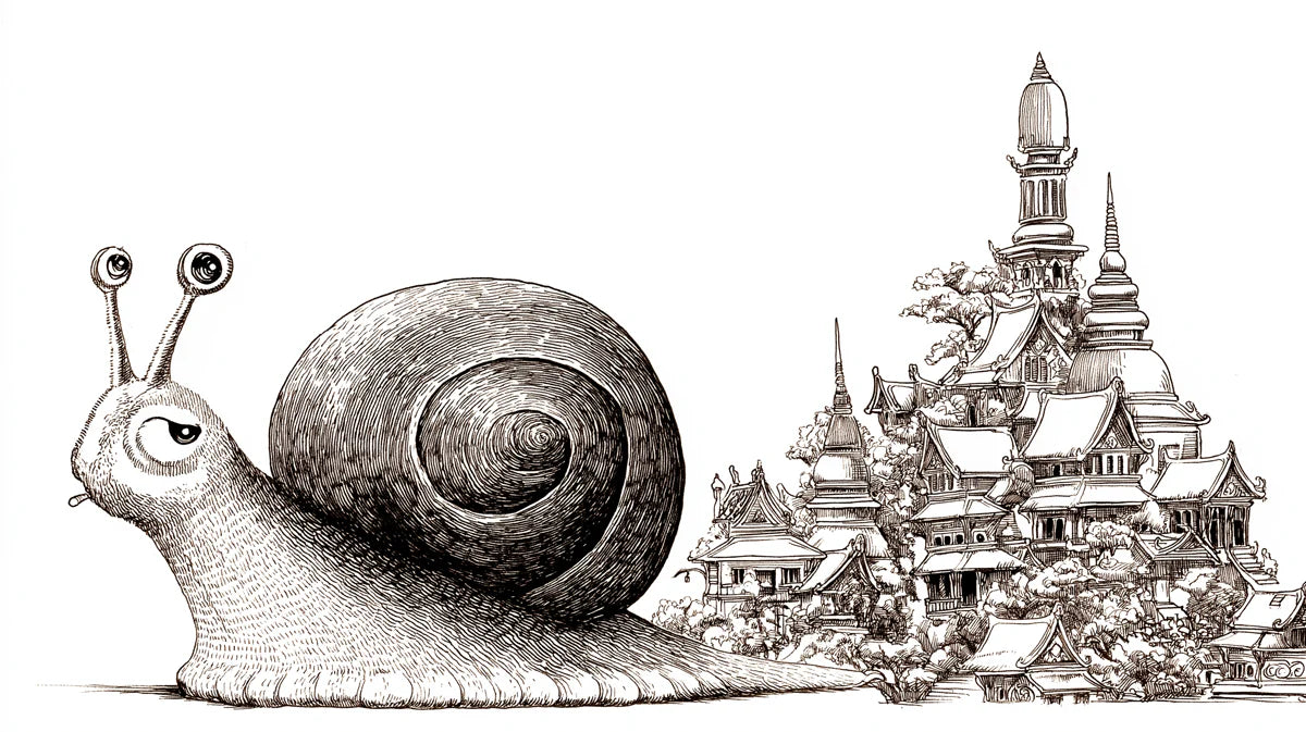 Snail and Temple City Sketch Mural Wallpaper —Whimsical Line Art Mural Wallpaper - room preview 04