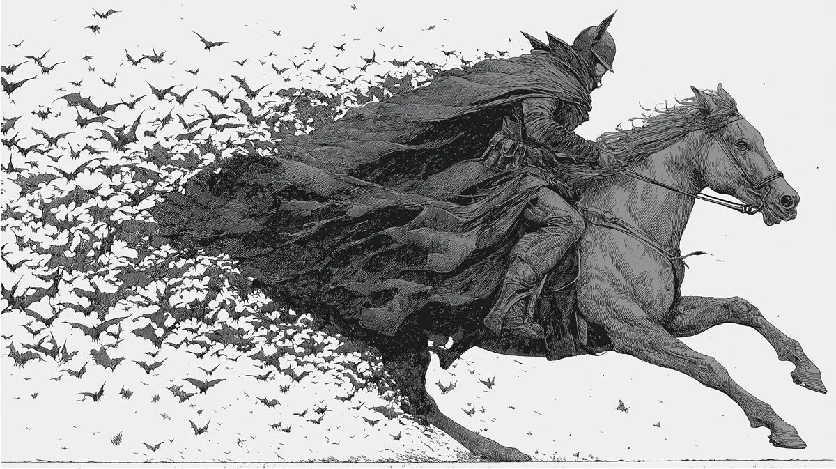 Knight and Bat Swarm Engraving Style Mural Wallpaper - room preview 04