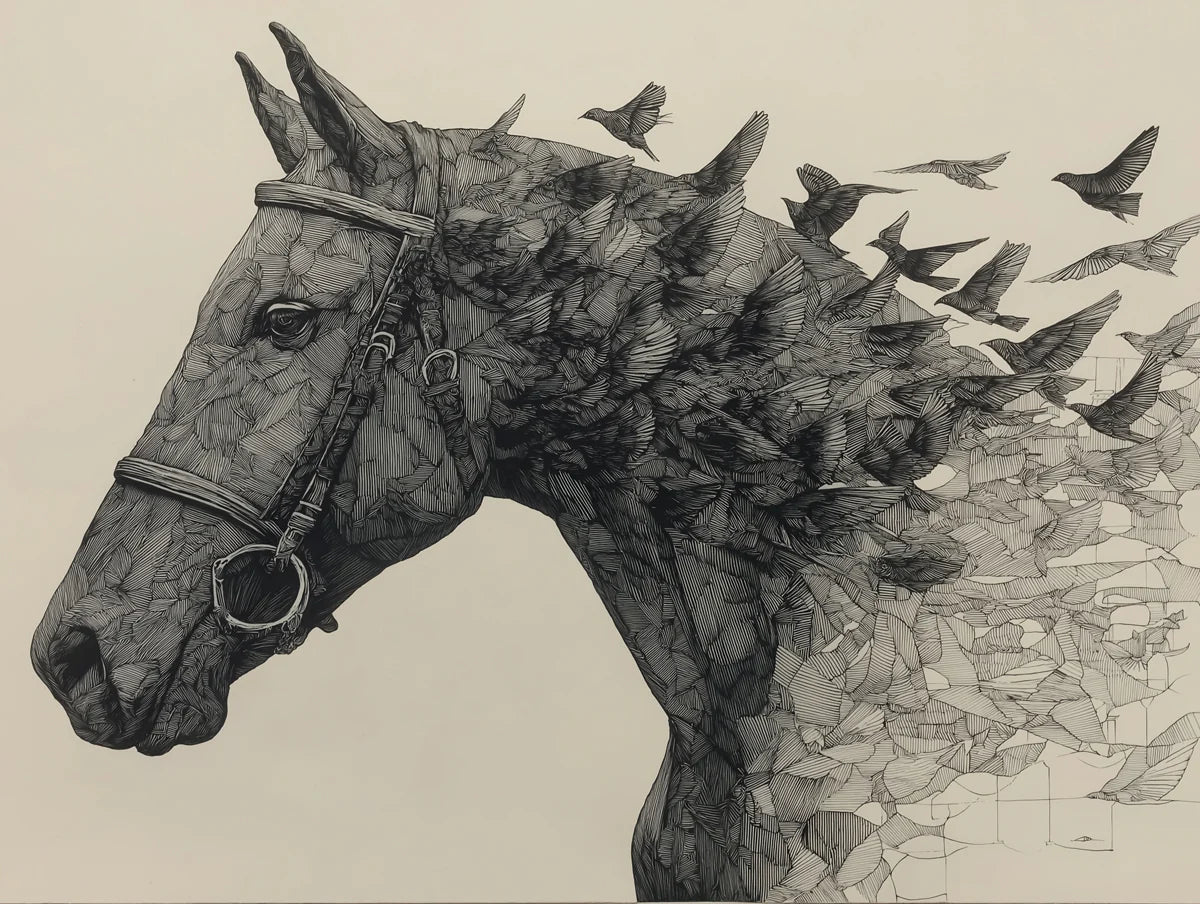 Bridled Horse and Swarm Mural Wallpaper — Artistic Ink Drawing Mural Wallpaper - room preview 04
