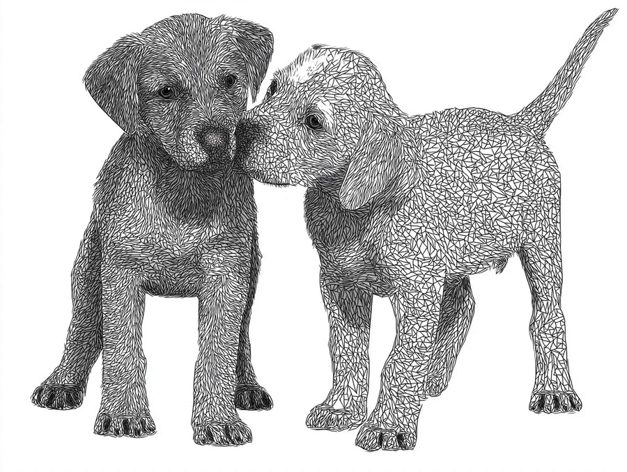 Baby Animals Wallpaper Mural – Cute Animals Wall Mural – Puppy Duo Geometric Sketch — Modern Monochrome Art printable artwork