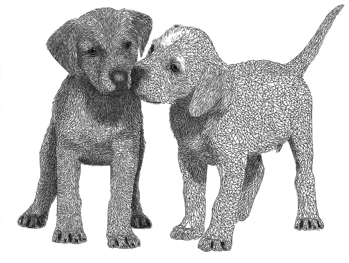 Puppy Duo Geometric Sketch Mural Wallpaper — Modern Monochrome Art Mural Wallpaper - room preview 04