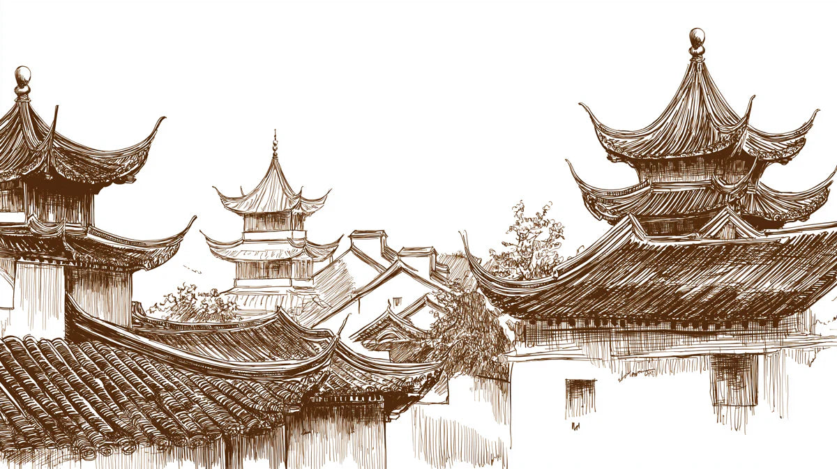 Traditional Chinese Roofscape Mural Wallpaper —Sepia Architectural Mural Wallpaper - room preview 04