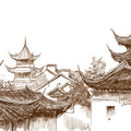 Traditional Chinese Roofscape Mural Wallpaper —Sepia Architectural Mural Wallpaper - room preview 04