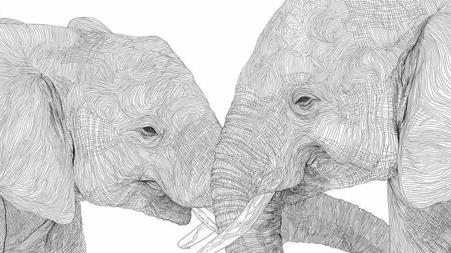 Safari Wallpaper Mural – Wild Animals Wall Mural – Elephant Embrace — Minimalist Line Art Sketch printable artwork