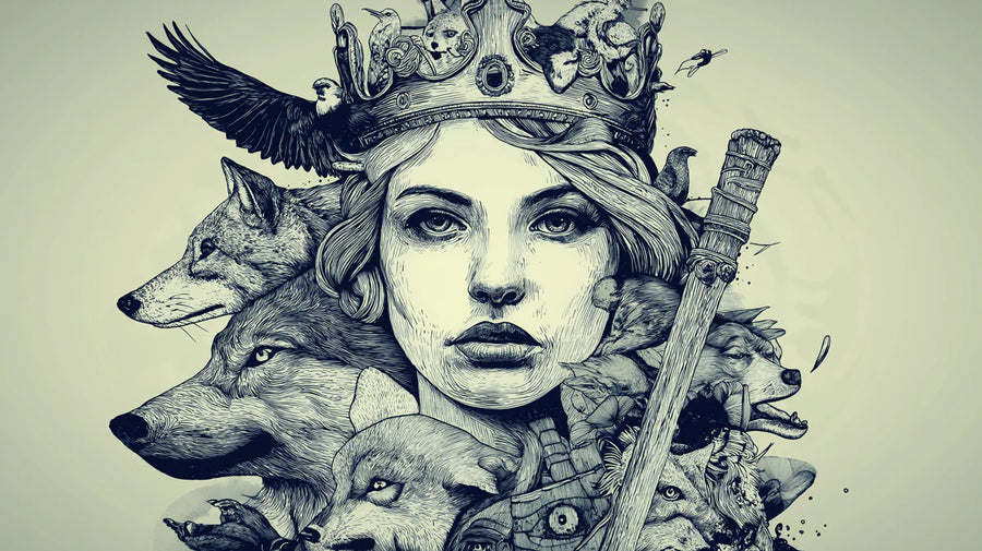 Tapete „Königin der Wildnis“ – Detailreiche monochrome Strichzeichnung-Wandtapete printable artwork