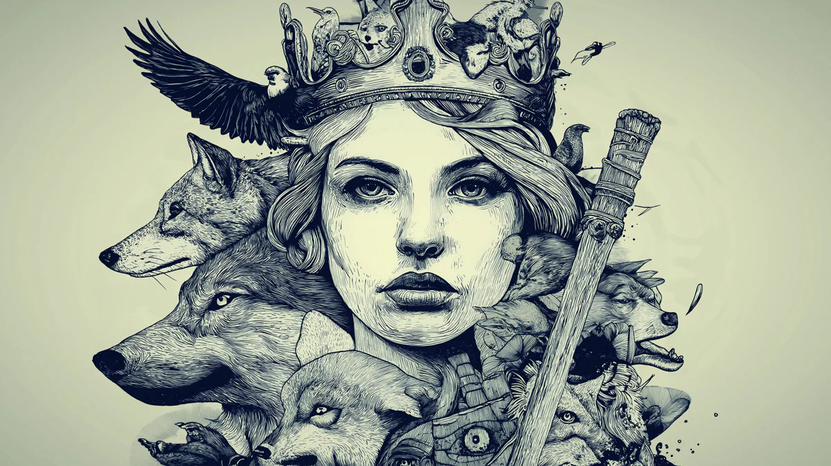 Queen of the Wild Mural Wallpaper — Intricate Monochrome Line Art Mural Wallpaper - room preview 04