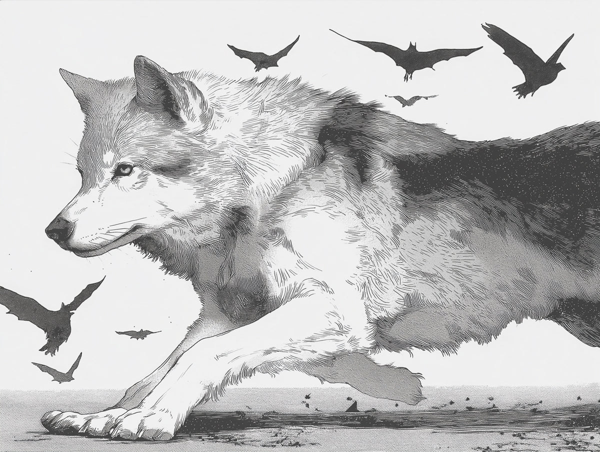 Running Wolf and Bat Swarm Mural Wallpaper — Engraving Style Mural Wallpaper - room preview 04