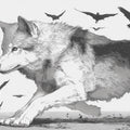Running Wolf and Bat Swarm Mural Wallpaper — Engraving Style Mural Wallpaper - room preview 04
