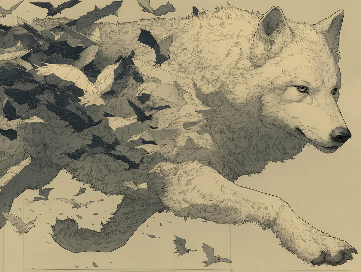 White Wolf Ink Illustration Mural Wallpaper — Dynamic Fantasy Scene Mural Wallpaper - room preview 04