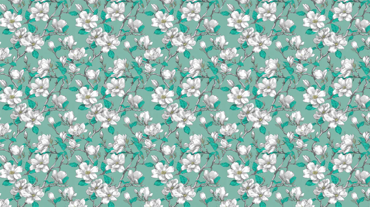 White Magnolia Floral Mural Wallpaper — Teal Botanical Print Mural Wallpaper - room preview 04