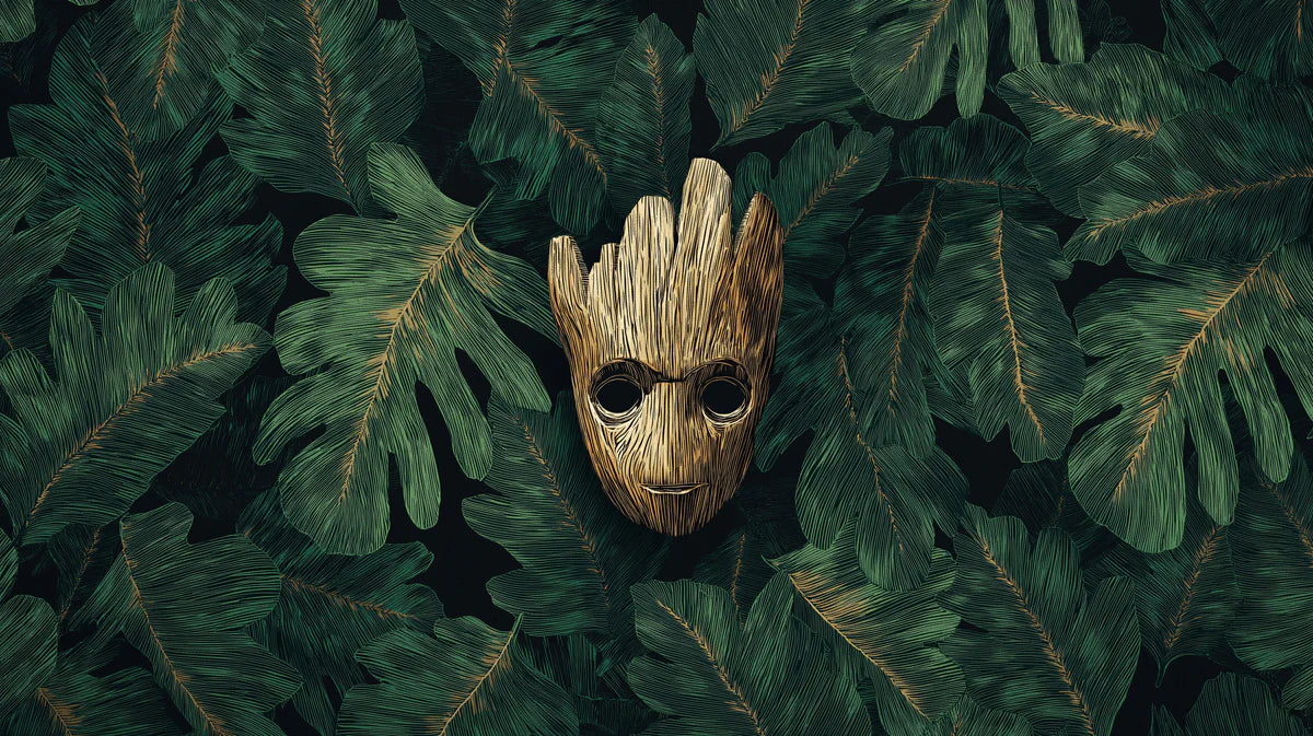 Golden Wood Mask Mural Wallpaper — Dark Botanical Illustration Mural Wallpaper - room preview 04