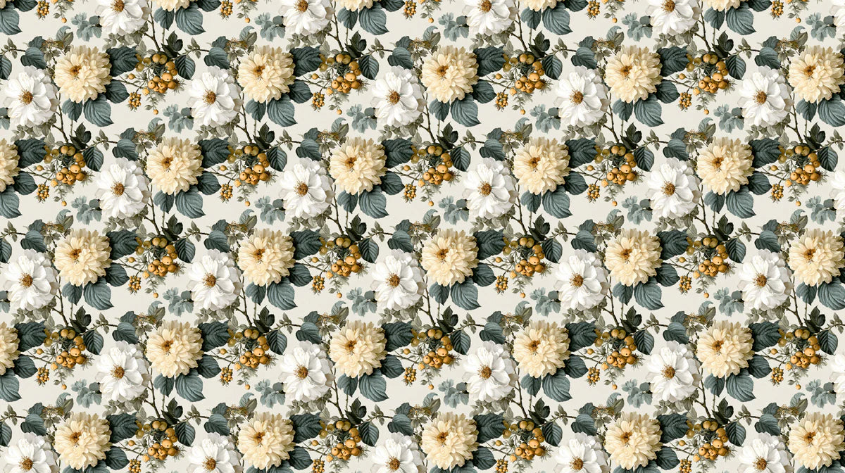 Vintage Cream Dahlia and Berry Floral Mural Wallpaper - room preview 04