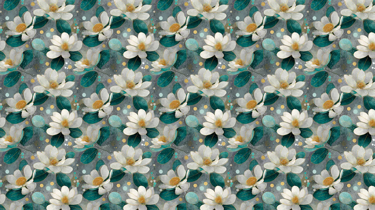 Abstract Magnolia Bloom Mural Wallpaper in Teal and Gold Mural Wallpaper - room preview 04