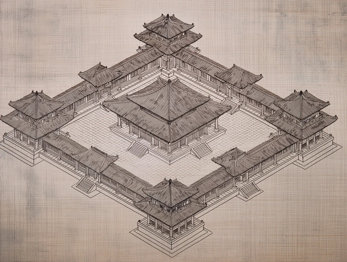 Asian Courtyard Architectural Blueprint Mural Wallpaper - room preview 04