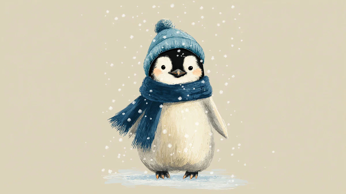 Snowy Penguin Mural Wallpaper — Whimsical Winter Illustration Mural Wallpaper - room preview 04