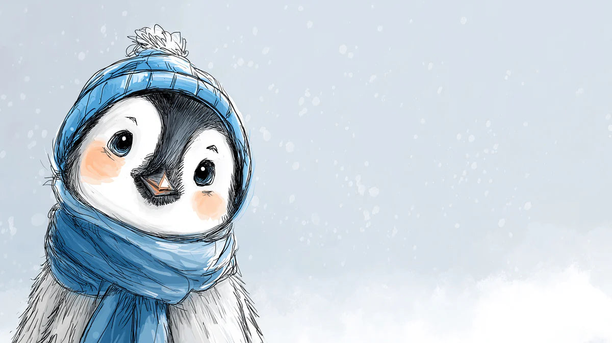 Winter Penguin Sketch Mural Wallpaper — Whimsical Illustration Mural Wallpaper - room preview 04