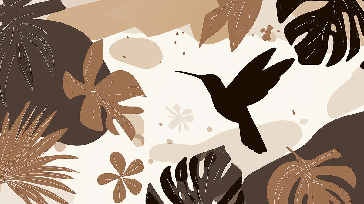 Abstract Hummingbird & Botanical Mural Wallpaper — Earthy Matisse Style Mural Wallpaper - room preview 04