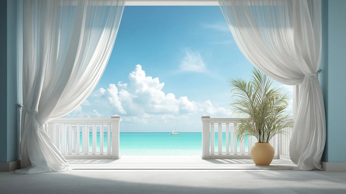 Coastal Balcony View Mural Wallpaper — Tropical Ocean Horizon Mural Wallpaper - room preview 04