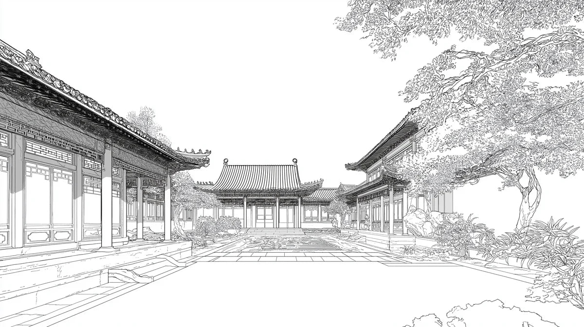 Traditional Courtyard Line Art Mural Wallpaper — Monochrome Sketch Mural Wallpaper - room preview 04