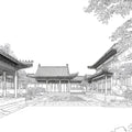 Traditional Courtyard Line Art Mural Wallpaper — Monochrome Sketch Mural Wallpaper - room preview 04