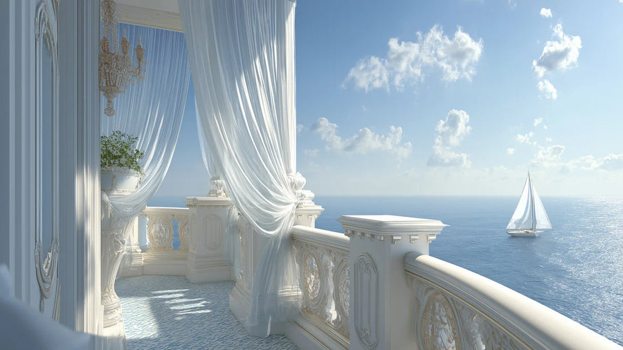 Sea Wallpaper Mural – Ocean Wall Mural – Mediterranean Balcony Chandelier — Coastal Elegance printable artwork