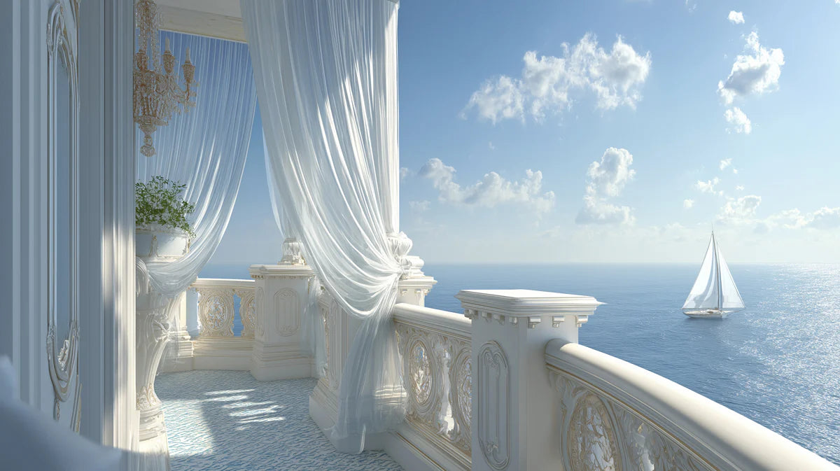 Mediterranean Balcony Chandelier Mural Wallpaper — Coastal Elegance Mural Wallpaper - room preview 04