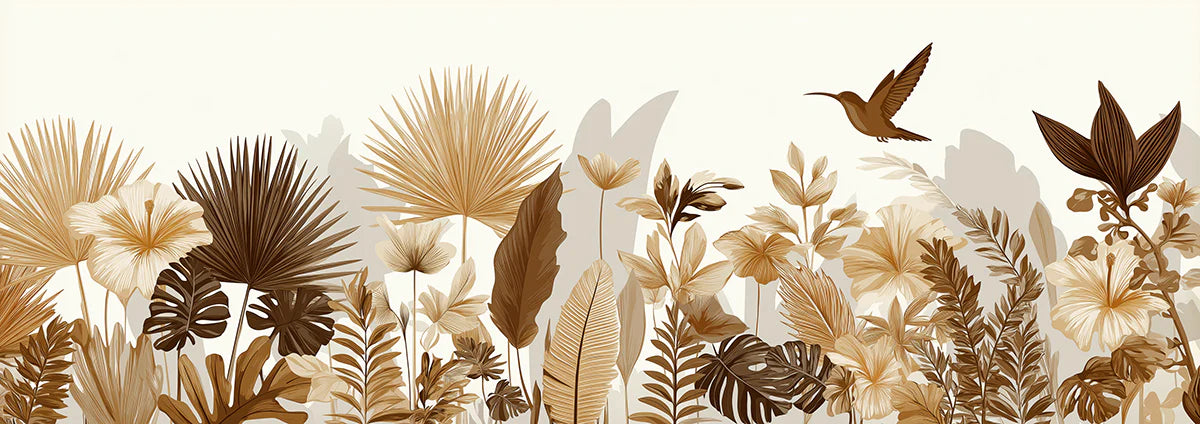 Sepia Tropical Flora Mural Wallpaper — Panoramic Botanical Border Mural Wallpaper - room preview 04