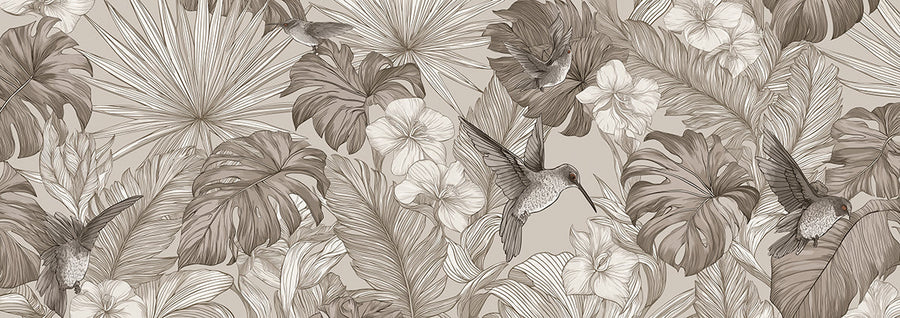 Tropical Wallpaper Mural – Jungle Wall Mural – Vintage Tropical Hummingbird — Sepia Line Art printable artwork