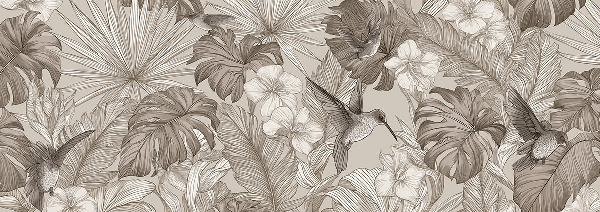 Vintage Tropical Hummingbird Mural Wallpaper — Sepia Line Art Mural Wallpaper - room preview 04