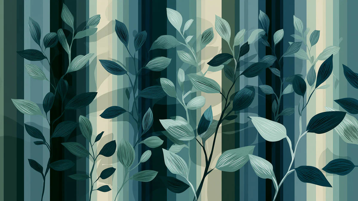 Striped Botanical Mural Wallpaper — Teal and Forest Green Leaves Mural Wallpaper - room preview 04