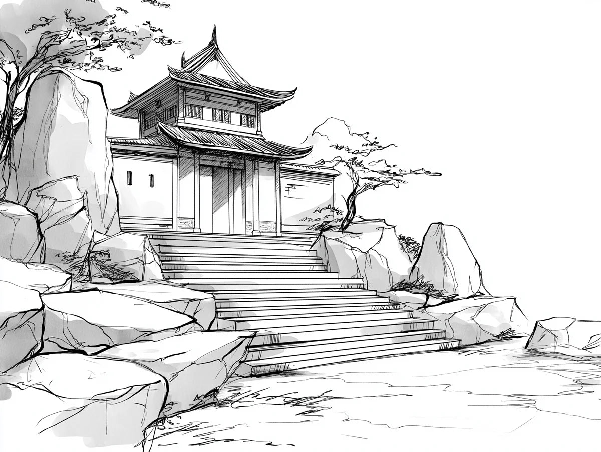 Ink Wash Temple Gate Mural Wallpaper — Architectural Sketch Design Mural Wallpaper - room preview 04
