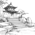 Ink Wash Temple Gate Mural Wallpaper — Architectural Sketch Design Mural Wallpaper - room preview 04
