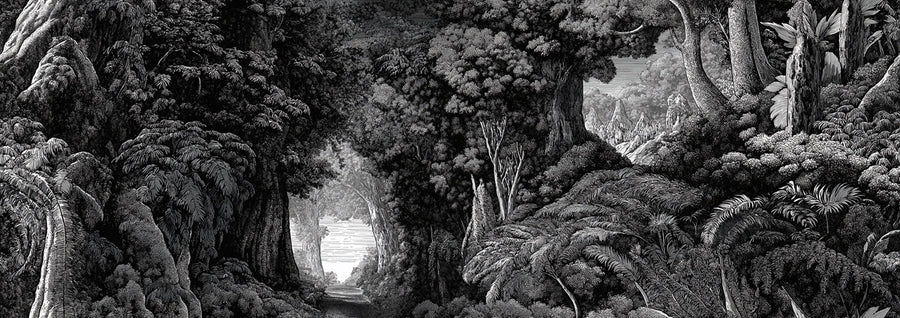 Nature Wallpaper Mural – Natural Wall Mural – Monochrome Forest Etching — Detailed Nature Scene printable artwork