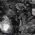 Monochrome Forest Etching Mural Wallpaper — Detailed Nature Scene Mural Wallpaper - room preview 04