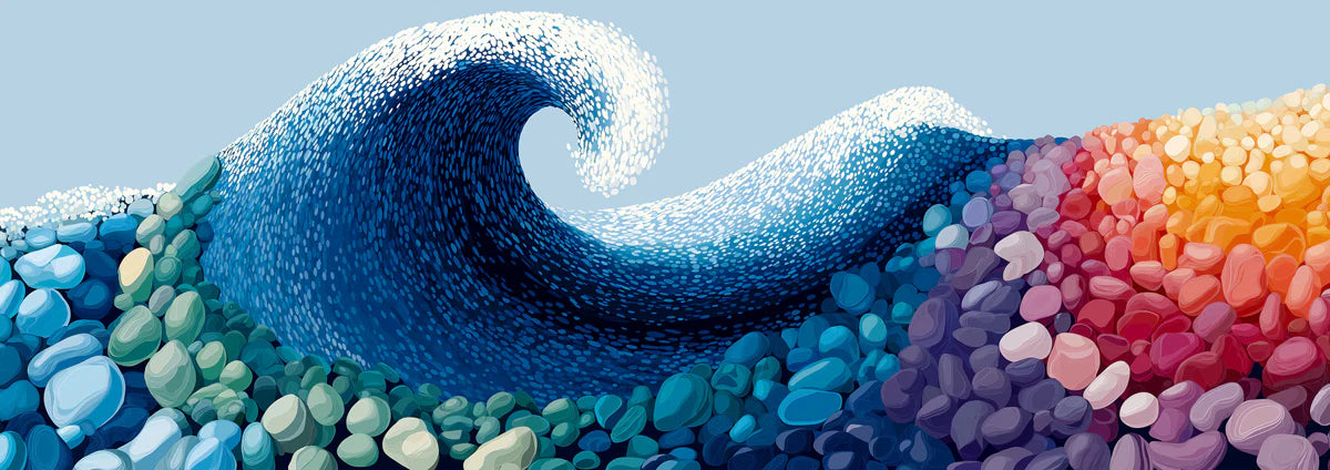 Stylized Ocean Wave Mural Wallpaper — Vibrant Pebble Shoreline Mural Wallpaper - room preview 04