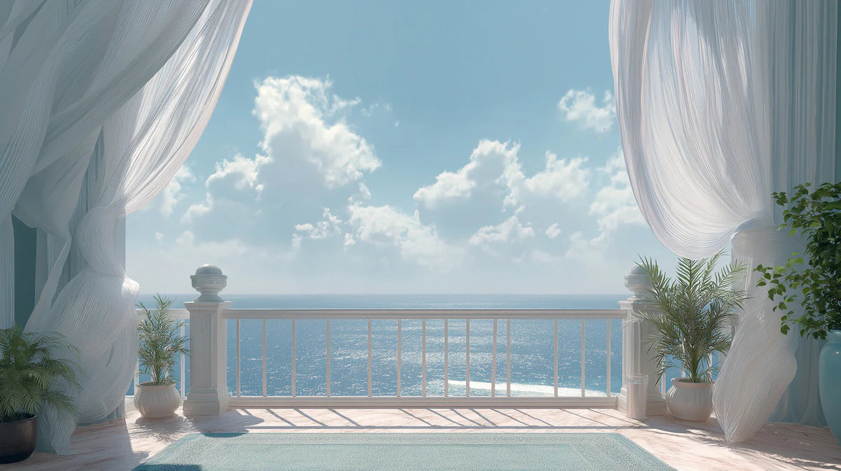 Coastal Terrace Curtain Mural Wallpaper — Ocean View Window Scene Mural Wallpaper - room preview 04