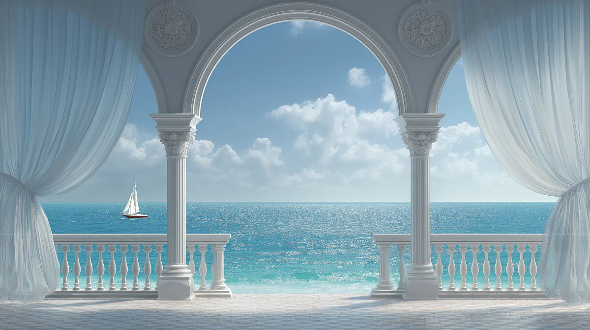 Classical Balcony Seascape Mural Wallpaper — Architectural View Mural Wallpaper - room preview 04