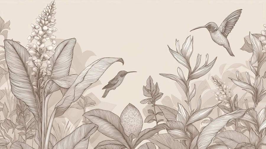 Nature Wallpaper Mural – Natural Wall Mural – Hummingbird Botanical Line Art — Soft Beige printable artwork